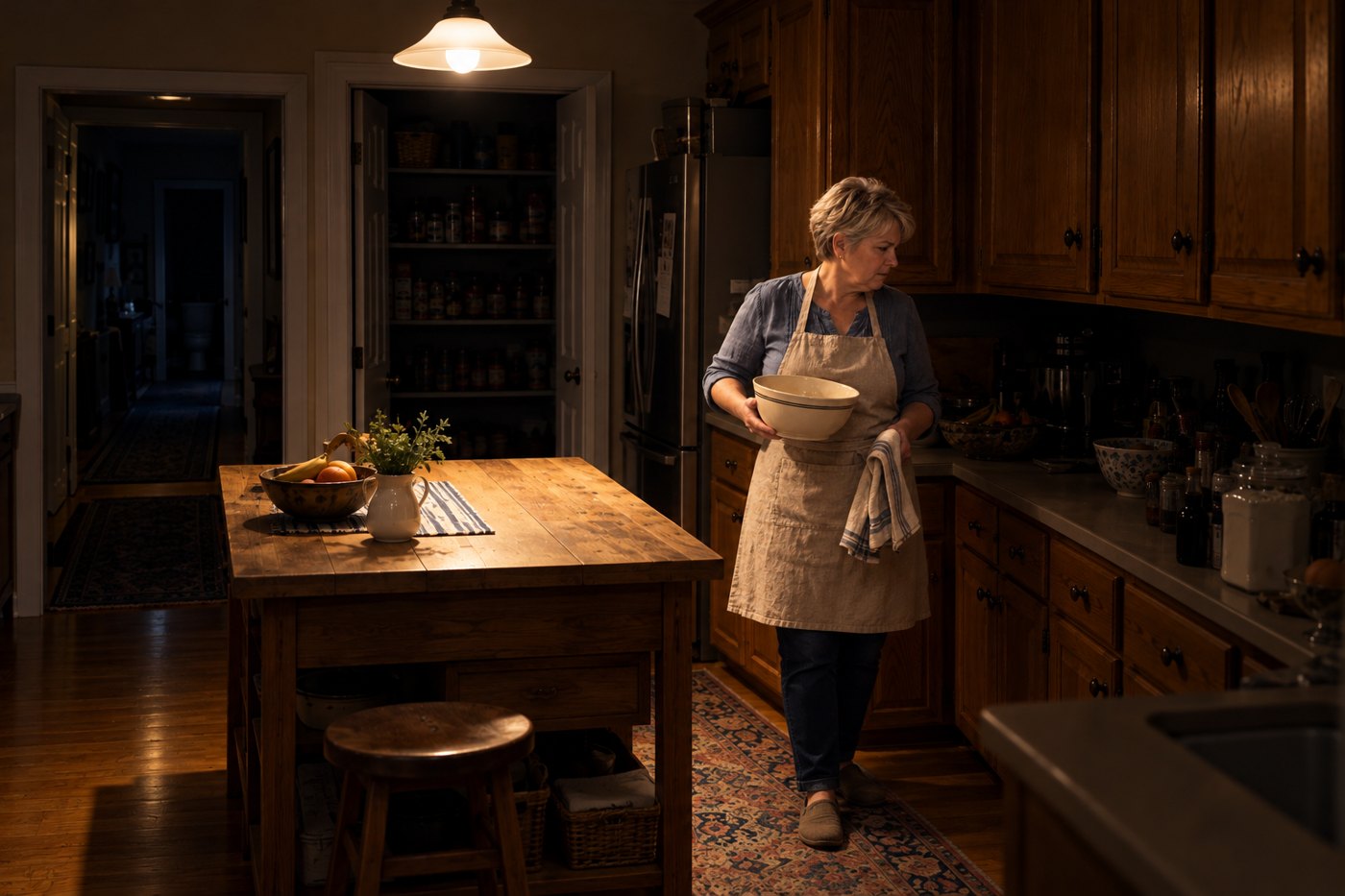 Linda in her dim kitchen at night, holding a mixing bowl and a dish towel, with only the pendant light on