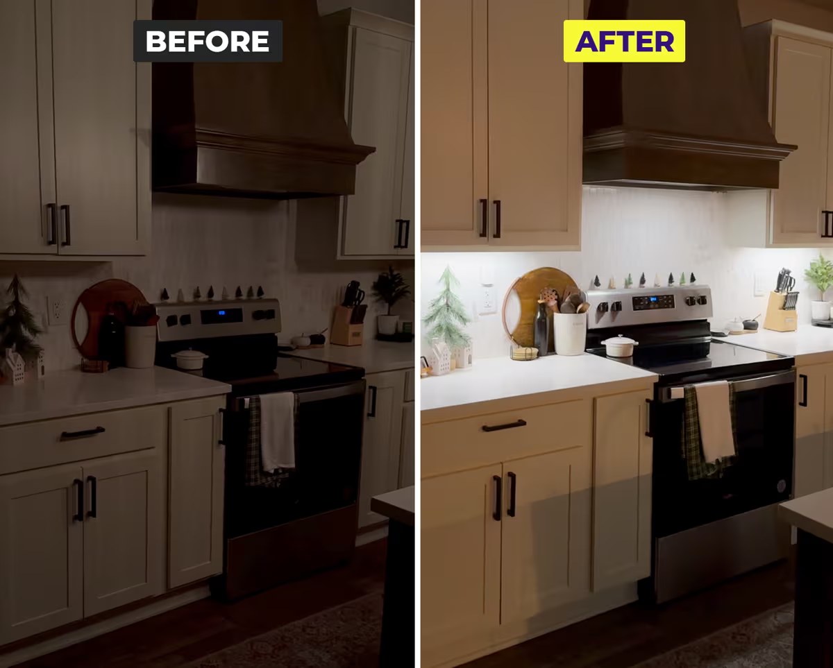 Before and after photo of a kitchen counter, dim on the left and lit on the right