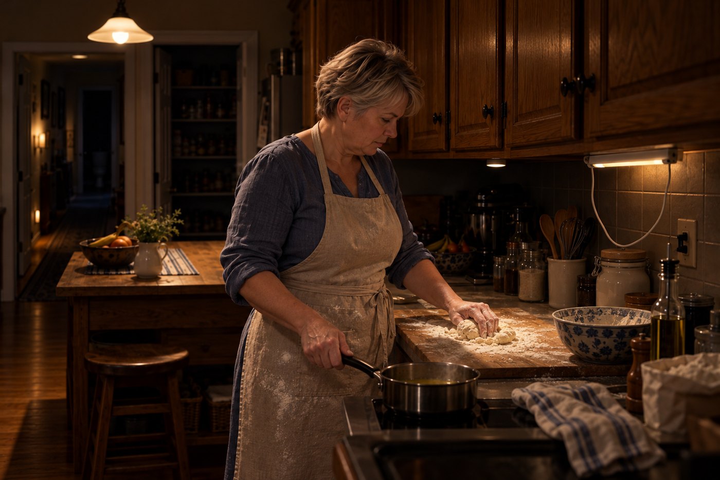 Linda kneading dough on the counter at night, with a plug-in light and its cord under the cabinet behind her