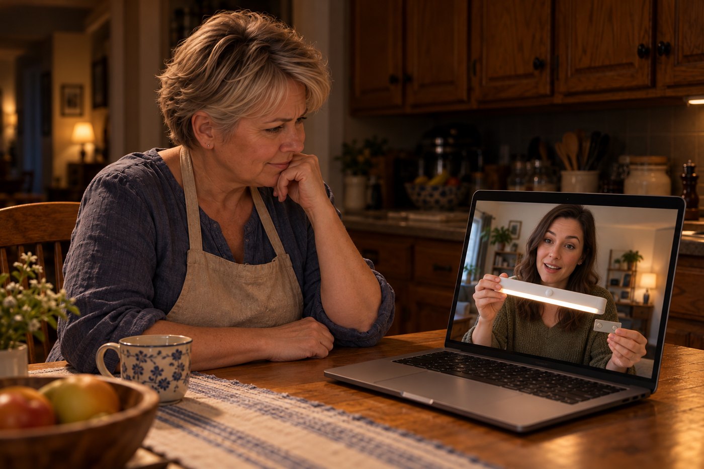 Linda at her kitchen table watching her daughter Megan on a video call, holding up a light and its sensor