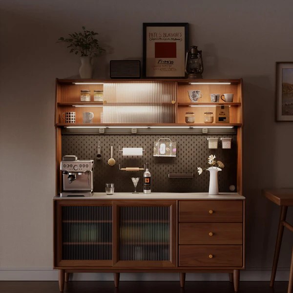 A warm, softly lit kitchen with a wooden hutch