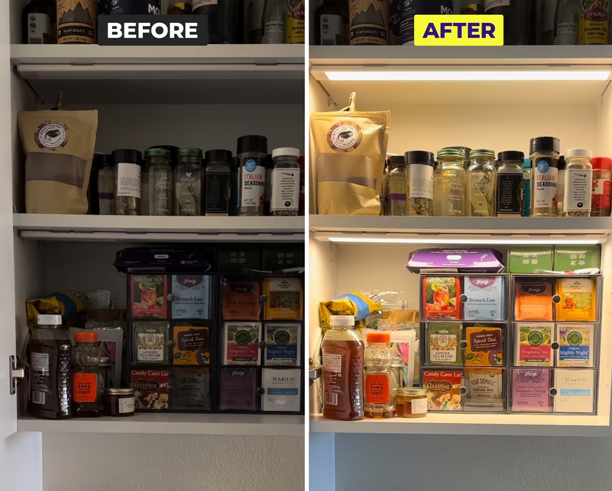 Before and after photo of a pantry, dark on the left and lit on the right